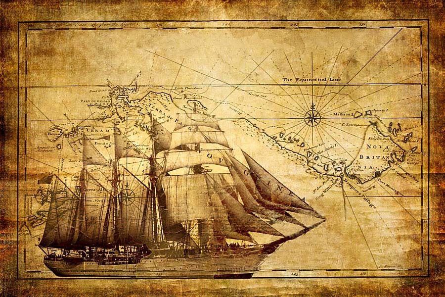 Fototapeta - Námořnická mapa s plachetnicí 18496