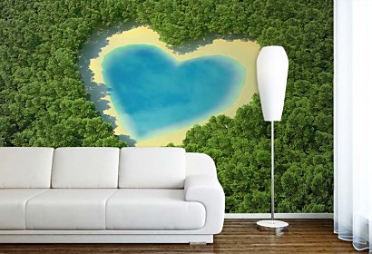 modré srdce, pláž a zelené stromy